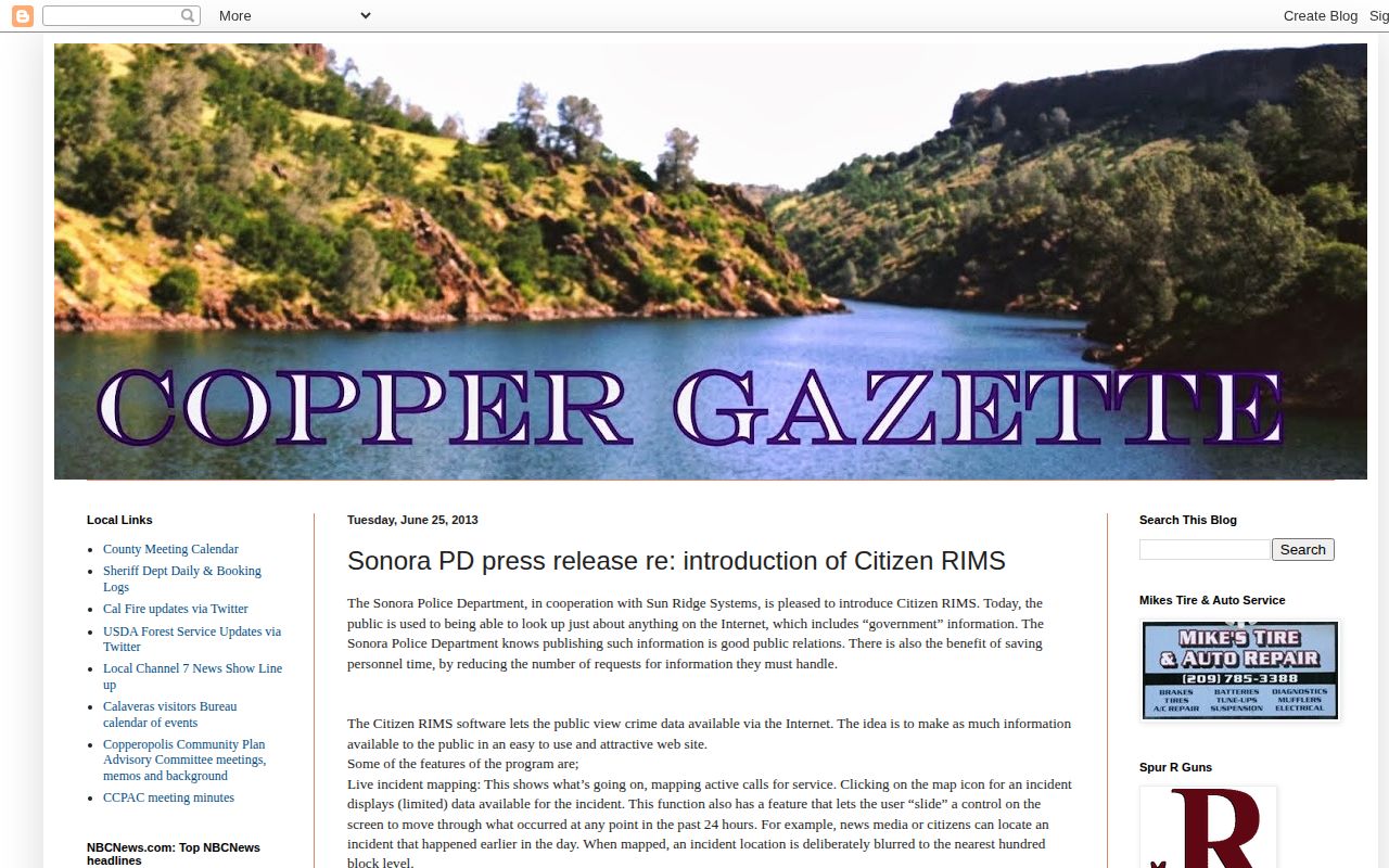Historical Sonora Police Citizen RIMS arrest-information announcement